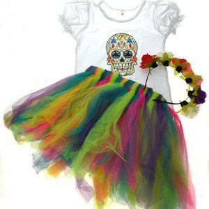 Sugar Skull T Shirt Tutu Skirt Flower Headband Large Halloween Costume Day Dead